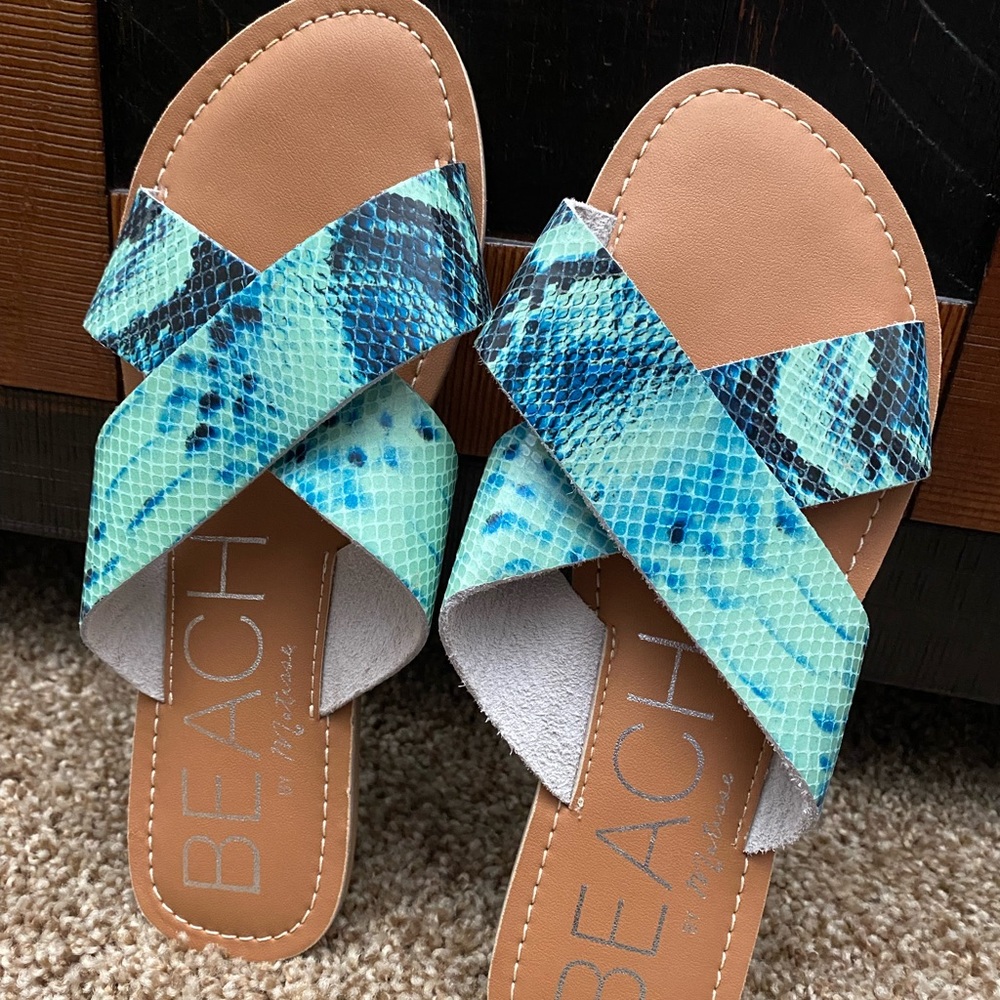 Beach by Matisse Snake Print Aqua Blue Slip In Sandals